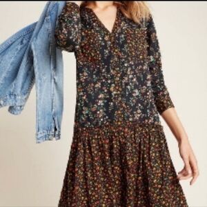 ANTHROPOLOGIE for MAEVE Marlie Black Multicolored Floral Chambray Tunic Sz 12